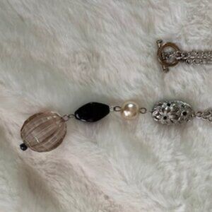 Long silver chain with glass beads and matching earings